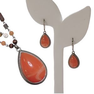 SET Carnelian Wooden Beaded Silvertone Links S10 Necklace Earrings Hippie Boho